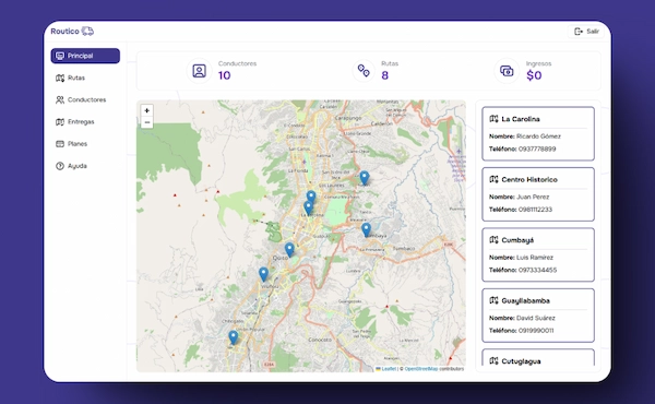 Routico es una aplicación web diseñada para optimizar la planificación y gestión de rutas de entrega. Permite la creación y administración de conductores, asignación de rutas personalizadas y seguimiento eficiente de las entregas.